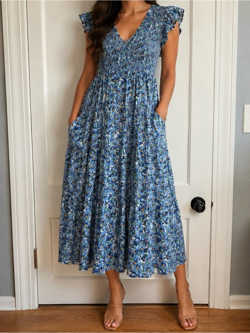 Jacqui E Blue Floral Smocked Midi Dress with Orange Accents - Picture 2 of 7